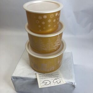 VTG Tupperware One Touch 3 Canisters Stacking Bowls Gold Snowflake Christmas NEW